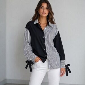 Modern Monochrome Colorblock Striped Top Womens Large